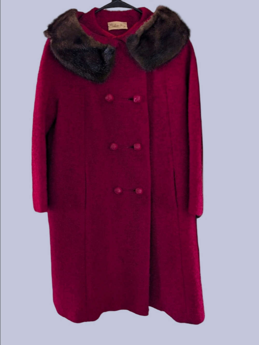 Vintage Coat Red Boucle Wool Textured Mink Fur Collar  Pockets Bakelite Buttons